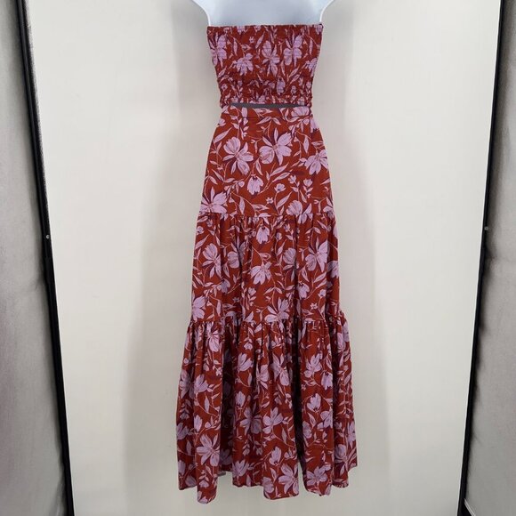 WAYF  Two Piece Strapless Floral Maxi Dress Rust Red Pink Tiered Smocked Back S - Picture 6 of 16